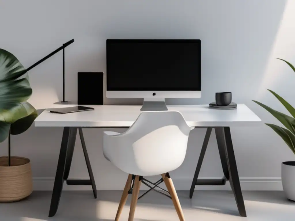 Espacio de trabajo minimalista y moderno Espacio de trabajo minimalista y moderno con laptop en blanco y estrategias para mantener la calma en el examen de admisión