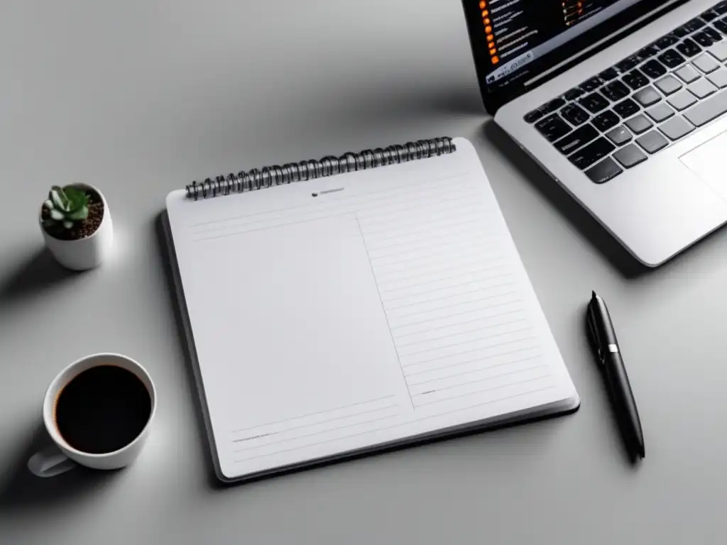 Espacio de trabajo minimalista con laptop y notas Espacio de trabajo minimalista y moderno con laptop, notas y pen