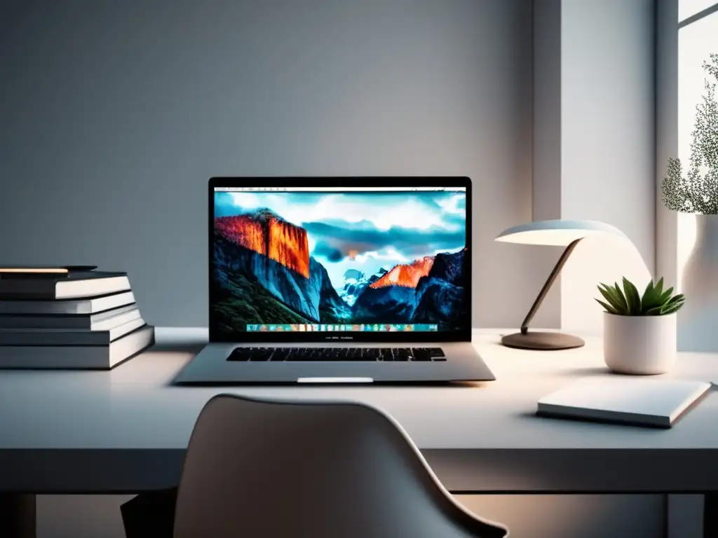 Espacio de trabajo minimalista y moderno Espacio de trabajo minimalista y moderno con escritorio blanco, laptop, libros y cuaderno