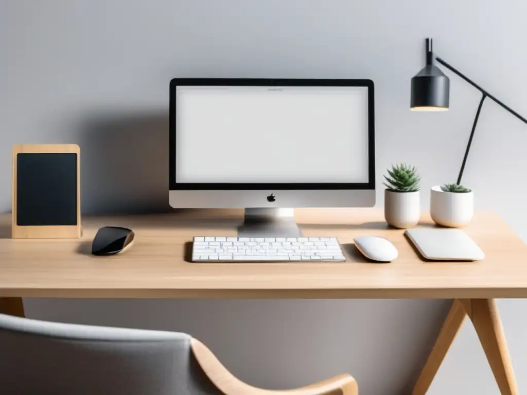 Espacio de trabajo moderno y minimalista Espacio de trabajo minimalista y organizado con escritorio de madera clara, laptop, teclado, ratón, cuaderno y planta