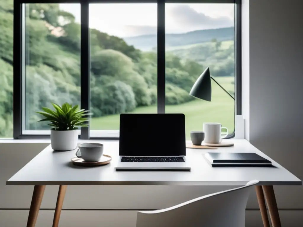 Espacio de trabajo sereno y organizado Espacio de trabajo minimalista y organizado con escritorio blanco y vista a paisaje verde