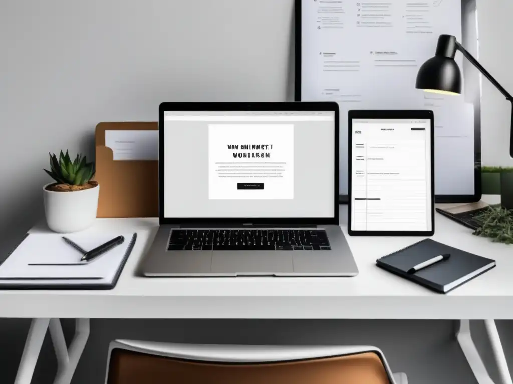 Espacio de trabajo minimalista y organizado Espacio de trabajo minimalista con portátil, notas y decoración - Tips para portafolio universitario