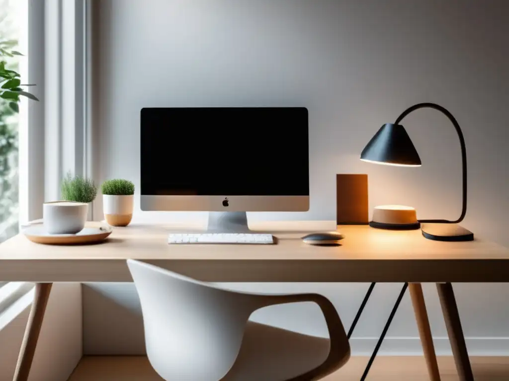 Espacio de trabajo sereno y minimalista Espacio de trabajo minimalista y sereno con escritorio de madera clara, iluminado por luz natural y decorado con plantas