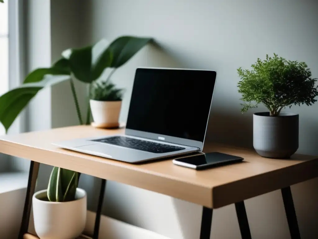 Espacio de trabajo sereno y minimalista Espacio de trabajo minimalista y sereno, con laptop, notas y planta