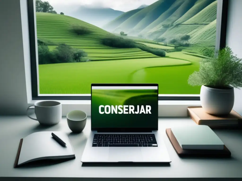 Espacio de trabajo minimalista sereno Espacio de trabajo minimalista con vista a paisaje verde, laptop moderna, té herbal y consejos para manejar estrés en portátil