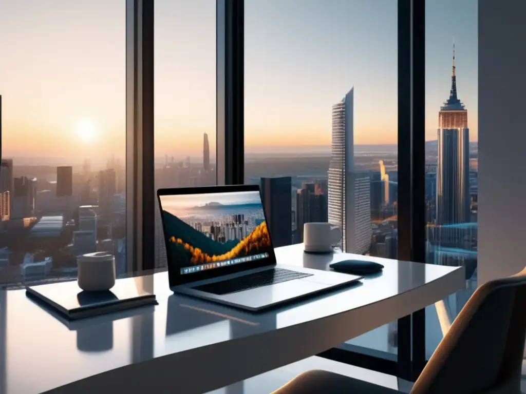 Espacio de trabajo minimalista con vista panorámica de la ciudad Espacio de trabajo minimalista con vista a la ciudad: Importancia de la educación universitaria para emprendedores y autodidactas