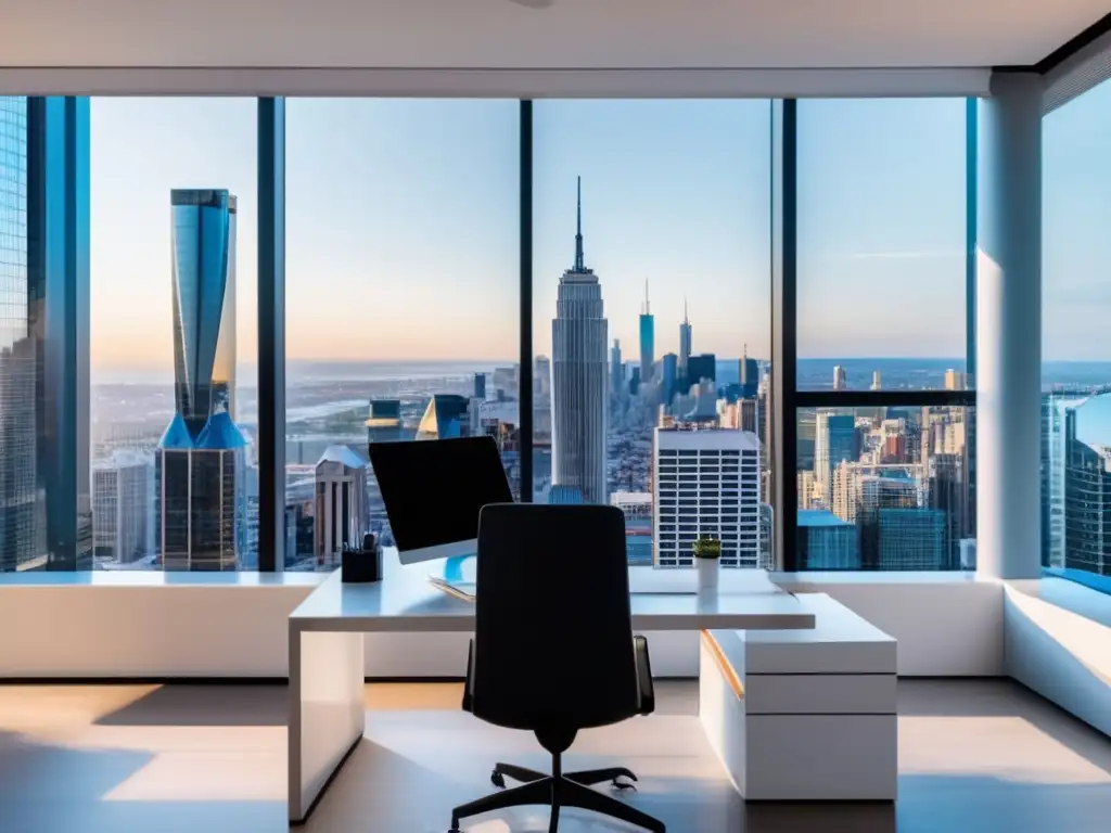 Espacio de trabajo minimalista con vista panorámica de la ciudad Espacio de trabajo minimalista con vista panorámica de ciudad - Optimizar proceso admisiones universitarias