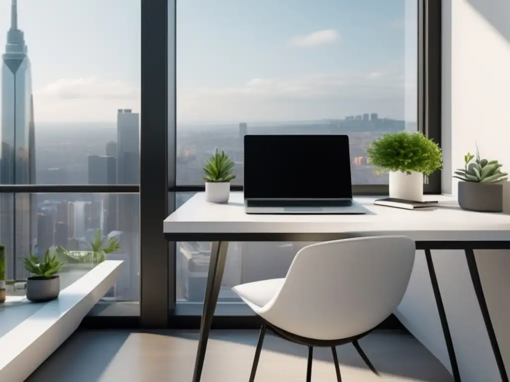 Espacio de trabajo moderno y minimalista Espacio de trabajo moderno con escritorio, laptop y estrategias para superar la ansiedad en exámenes de admisión
