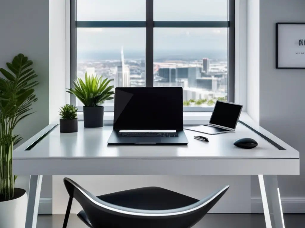 Oficina minimalista con escritorio blanco y vista panorámica Espacio de trabajo moderno con escritorio blanco, laptop, notas y vista panorámica a la ciudad