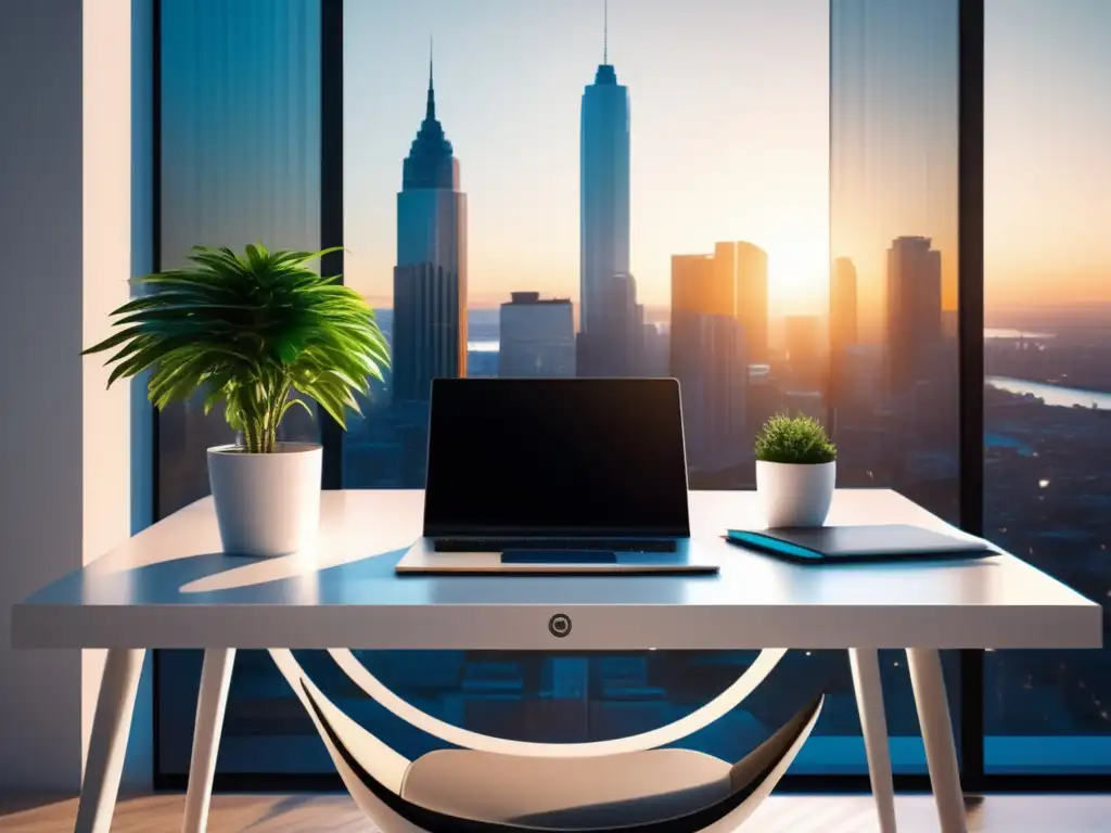 Espacio de trabajo minimalista con vistas a la ciudad Espacio de trabajo moderno con escritorio blanco, ventanales y elementos minimalistas