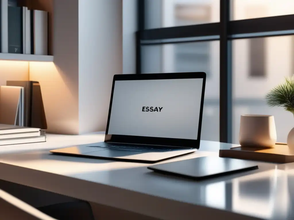 Espacio de trabajo moderno y minimalista Espacio de trabajo moderno con escritorio minimalista, laptop y libros - Consejos para redacción de ensayo universitario