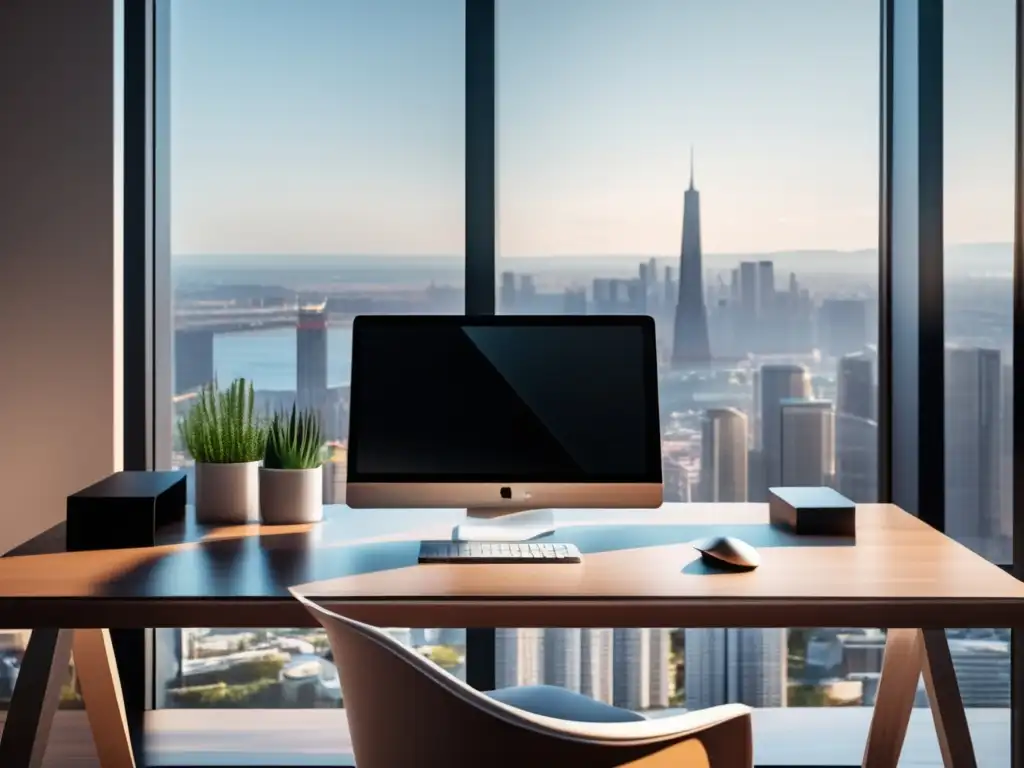 Trabajo moderno y elegante Espacio de trabajo moderno con madera pulida, laptop minimalista y vista urbana