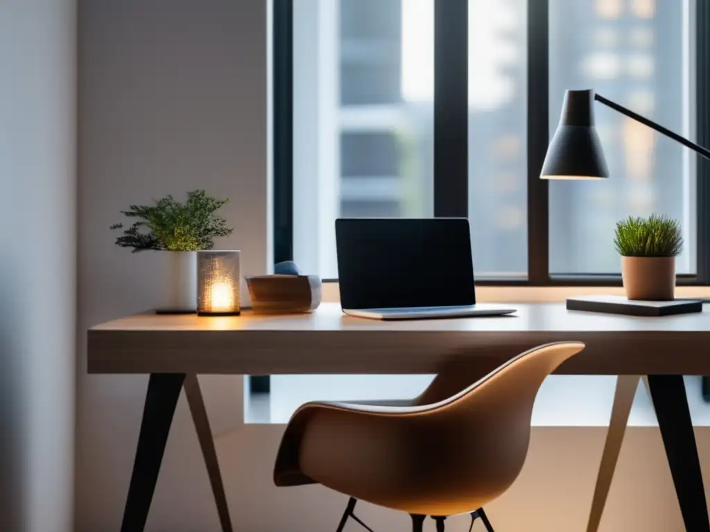 Espacio de trabajo minimalista Espacio de trabajo moderno y minimalista con escritorio elegante, silla cómoda y laptop