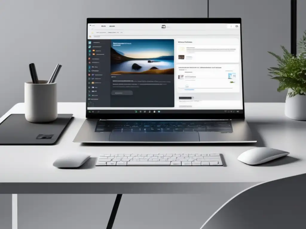 Espacio de trabajo minimalista para colaboración online Espacio de trabajo moderno y minimalista con plataforma colaborativa para estudiantes universitarios
