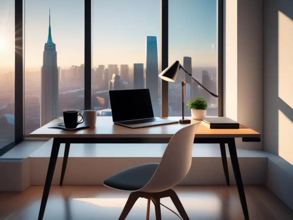 Espacio de trabajo moderno y minimalista Espacio de trabajo moderno y minimalista con vista a la ciudad, simbolizando éxito personal y cómo superar comparación candidatos