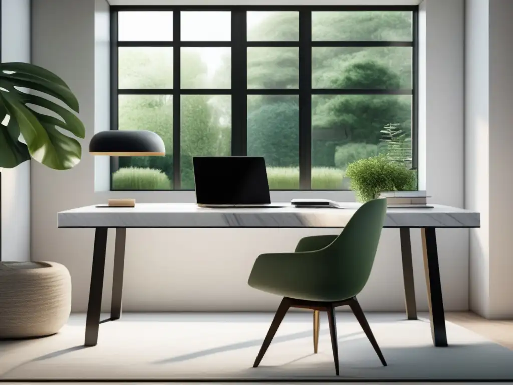 Espacio de trabajo minimalista y elegante Un espacio de trabajo moderno y minimalista con escritorio de mármol blanco, laptop plateada y vista al jardín