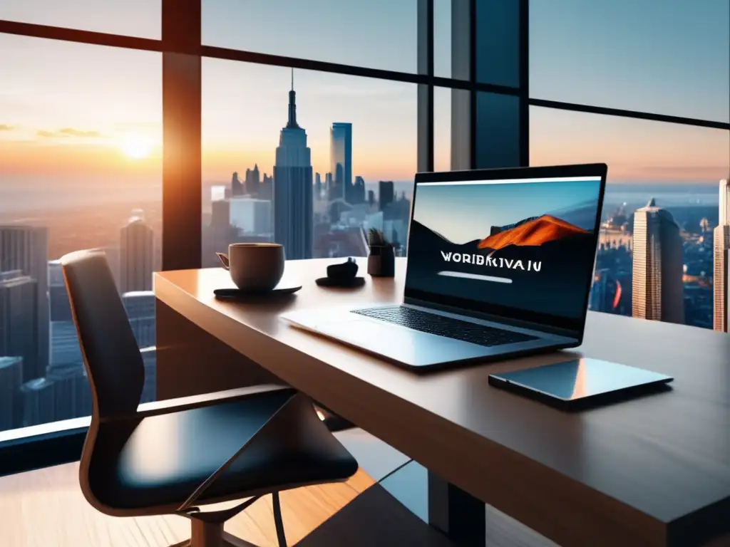 Espacio de trabajo moderno y minimalista Espacio de trabajo moderno y minimalista, con escritorio de madera y metal, laptop, cuaderno y café