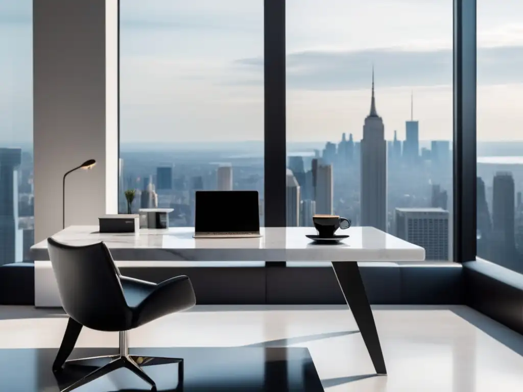 Espacio de trabajo moderno y elegante Espacio de trabajo moderno y sofisticado con escritorio de mármol blanco, silla ergonómica y vista a la ciudad