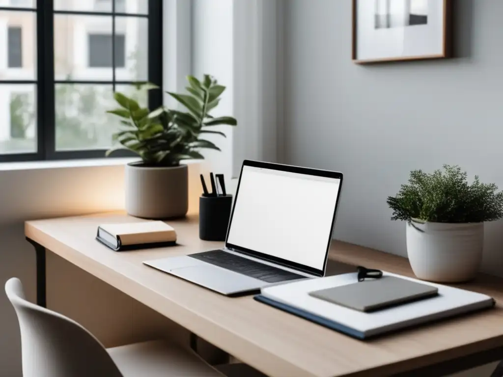 Espacio de trabajo minimalista y organizado Espacio de trabajo organizado y minimalista con escritorio elegante, laptop, notas y objetos ordenados