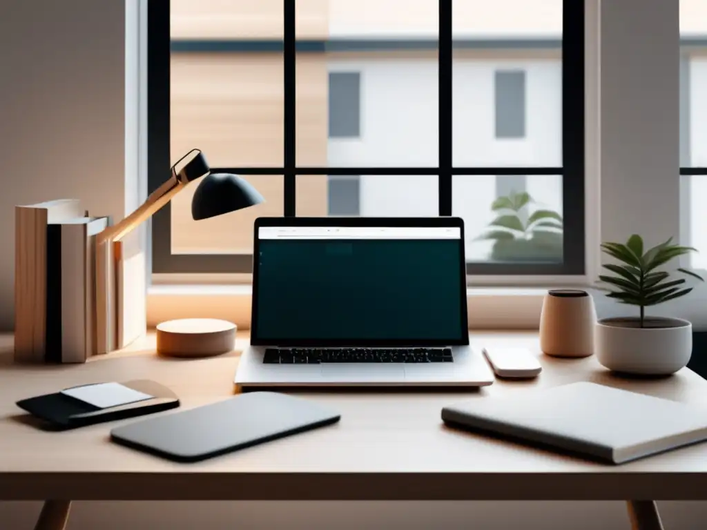 Espacio de trabajo minimalista y sereno Espacio de trabajo sereno con escritorio de madera clara y organización minimalista