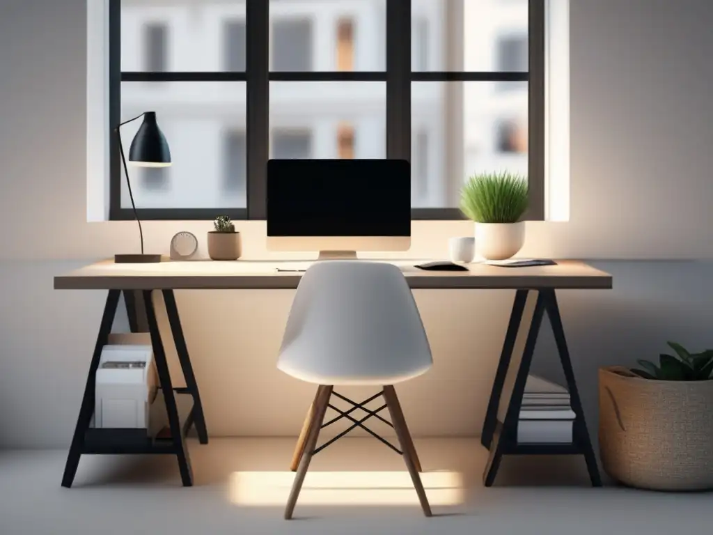 Espacio de trabajo minimalista y moderno Espacio de trabajo sereno con escritorio blanco, gestión del tiempo y motivación