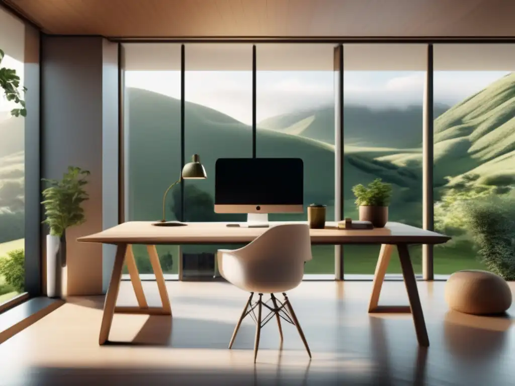 Espacio de trabajo sereno y minimalista con vista panorámica Espacio de trabajo sereno con vista panorámica a paisaje verde