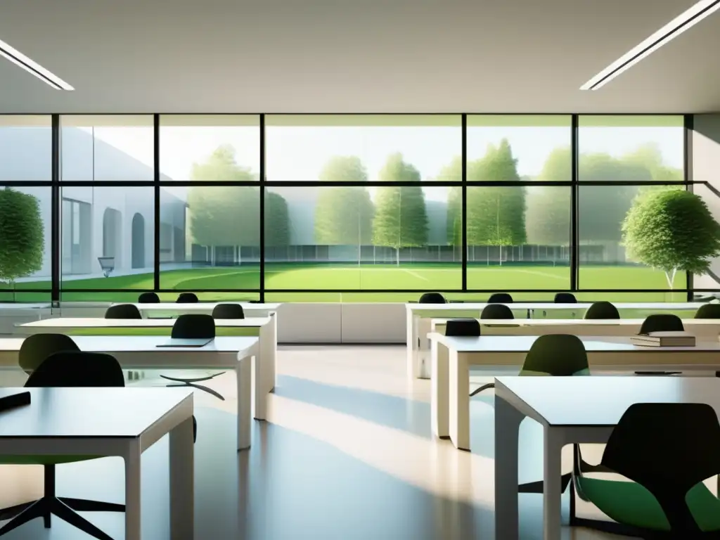 Aula moderna con vistas a un campus verde Estrategias admisiones universitarias efectivas: aula moderna minimalista, luz natural, escritorios blancos, laptop y libros