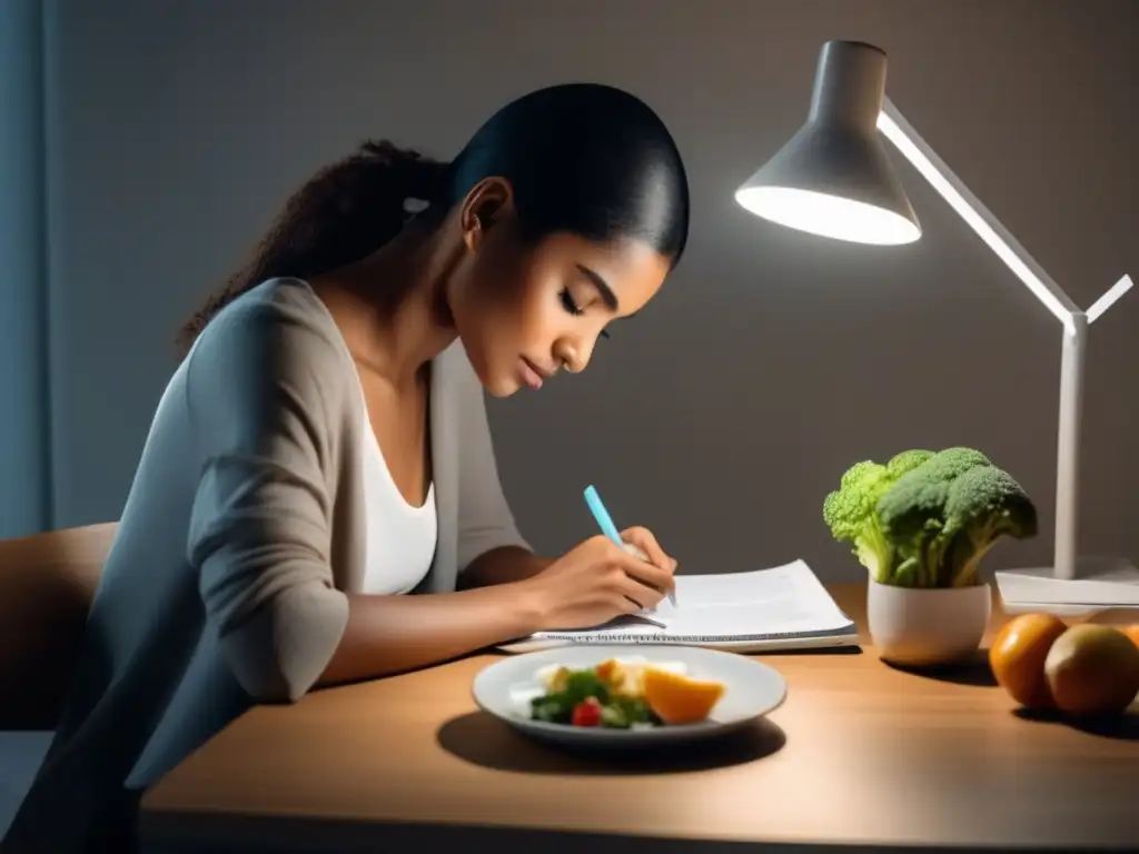 Estudio saludable y equilibrado Estrategias de afrontamiento para exámenes: persona estudiando con comida saludable y agua