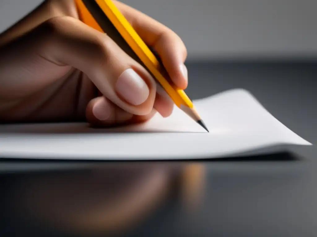 Mano firme lista para escribir Estrategias para superar la ansiedad en exámenes de admisión: Mano sosteniendo lápiz sobre papel blanco en aula minimalista