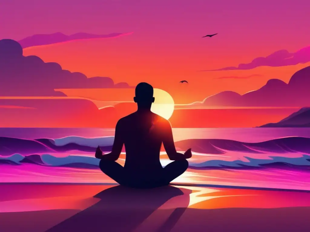 Playa serena al atardecer con figura en meditación Estrategias de relajación y concentración para atletas en una playa al atardecer