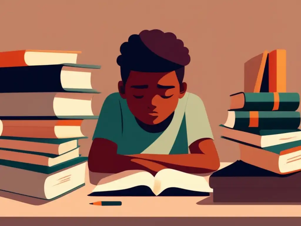 Estudiante agotado rodeado de libros y estrés Estrategias para evitar el burnout preuniversitario