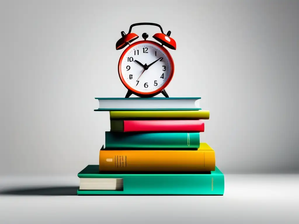 Ahorra tiempo y dinero: Transferencia de créditos en libros coloridos Estrategias convalidaciones universitarias: libros coloridos, reloj en una pila, minimalista y moderno