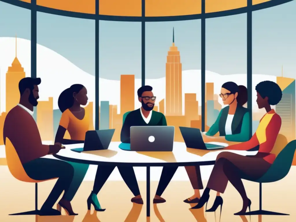 Grupo diverso colaborando en cursos en línea Estrategias admisión cursos online: Colaboración y oportunidades ilimitadas en imagen moderna de personas diversas en una mesa circular discutiendo