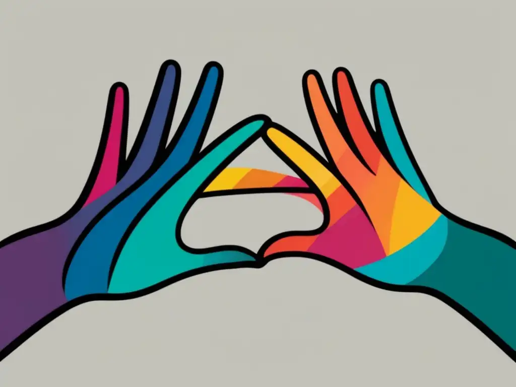 Conexión emocional a través de las manos Estrategias de comunicación efectiva: manos entrelazadas con líneas de colores representando conexión emocional y lenguaje positivo
