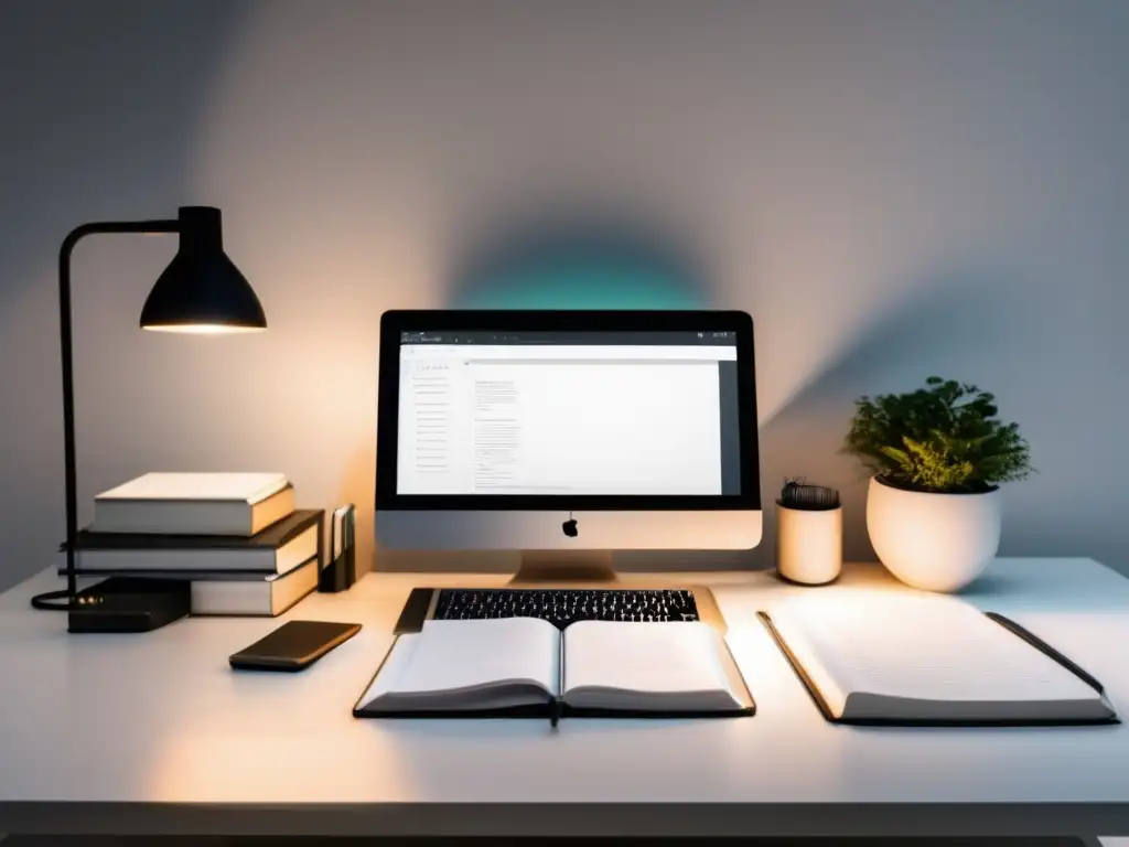 Escritorio moderno y organizado para estudiar Estrategias efectivas para exámenes universitarios: un escritorio moderno y organizado, con libros, cuadernos y una laptop