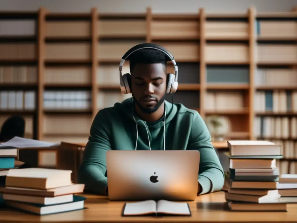Estudiante concentrado en su escritorio Estrategias efectivas para exámenes universitarios: persona estudiando con determinación rodeada de libros y materiales de estudio
