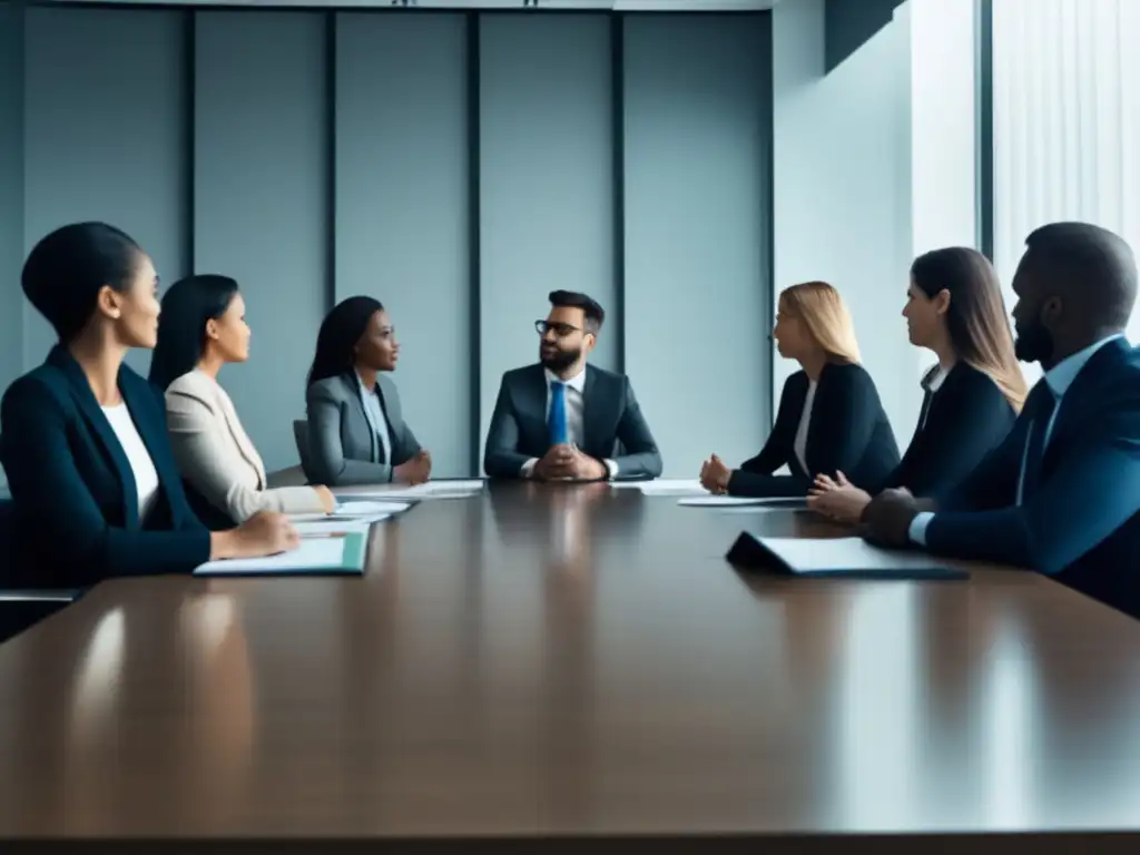 Grupo de candidatos en entrevista de grupo Estrategias para destacar en entrevistas grupales: candidato líder en mesa de conferencia con otros pasivos y desinteresados