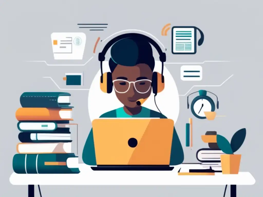 Estudio efectivo para exámenes en línea Estrategias estudio exámenes digitales: persona concentrada rodeada libros, laptop, calmante ambiente blanco