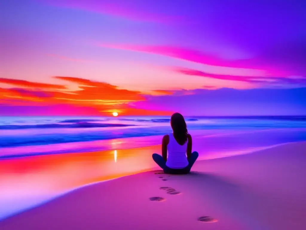 Playa al atardecer: relajación y enfoque Estrategias de éxito para exámenes universitarios en el Caribe: playa serena al atardecer con persona meditando