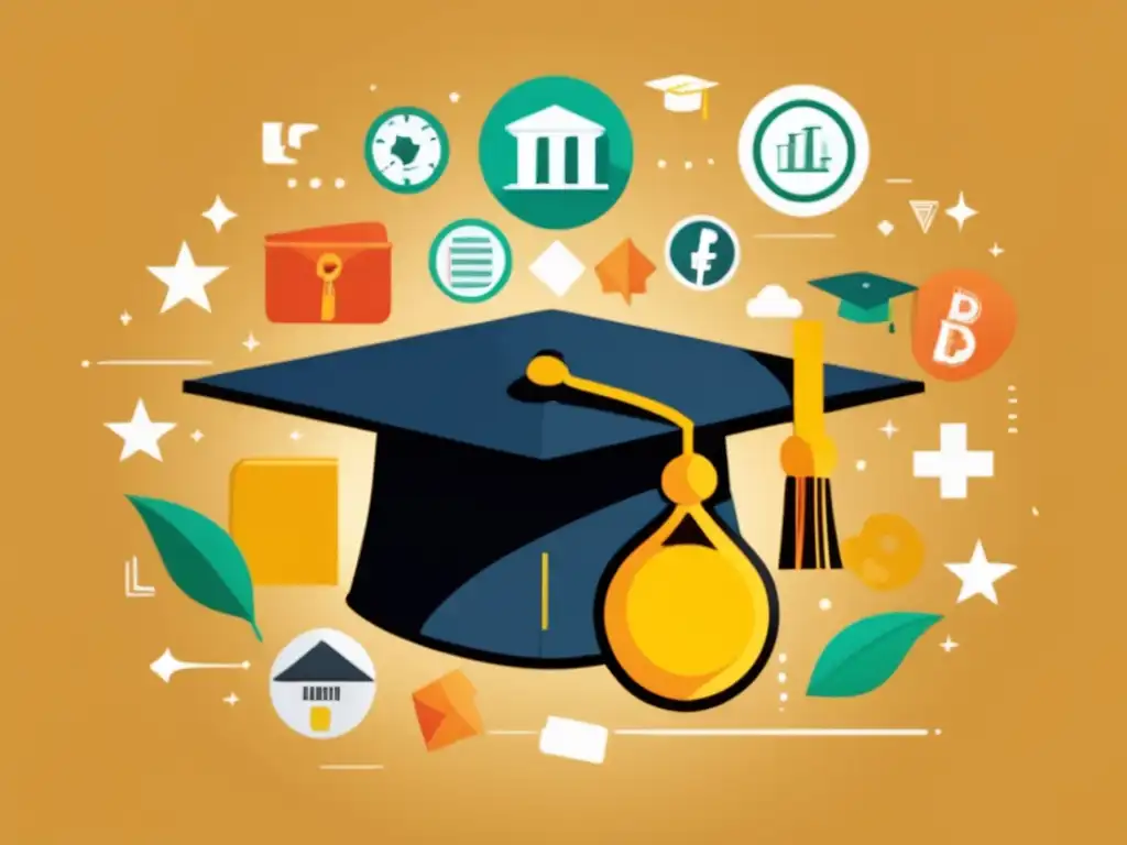 Estrategias de financiamiento universitario Estrategias financiamiento becas universitarias: ilustración minimalista y moderna de una gorra de graduación rodeada de íconos de ayuda financiera