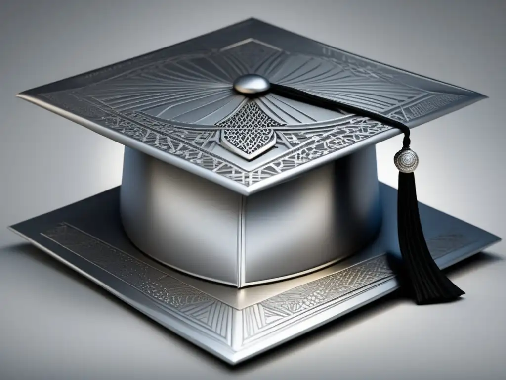 Graduación: Estrategias para becas Estrategias financiamiento becas universitarias: Un elegante gorro de graduación plateado con patrones geométricos y líneas, simbolizando las estrategias para maximizar las becas y ayuda económica universitaria