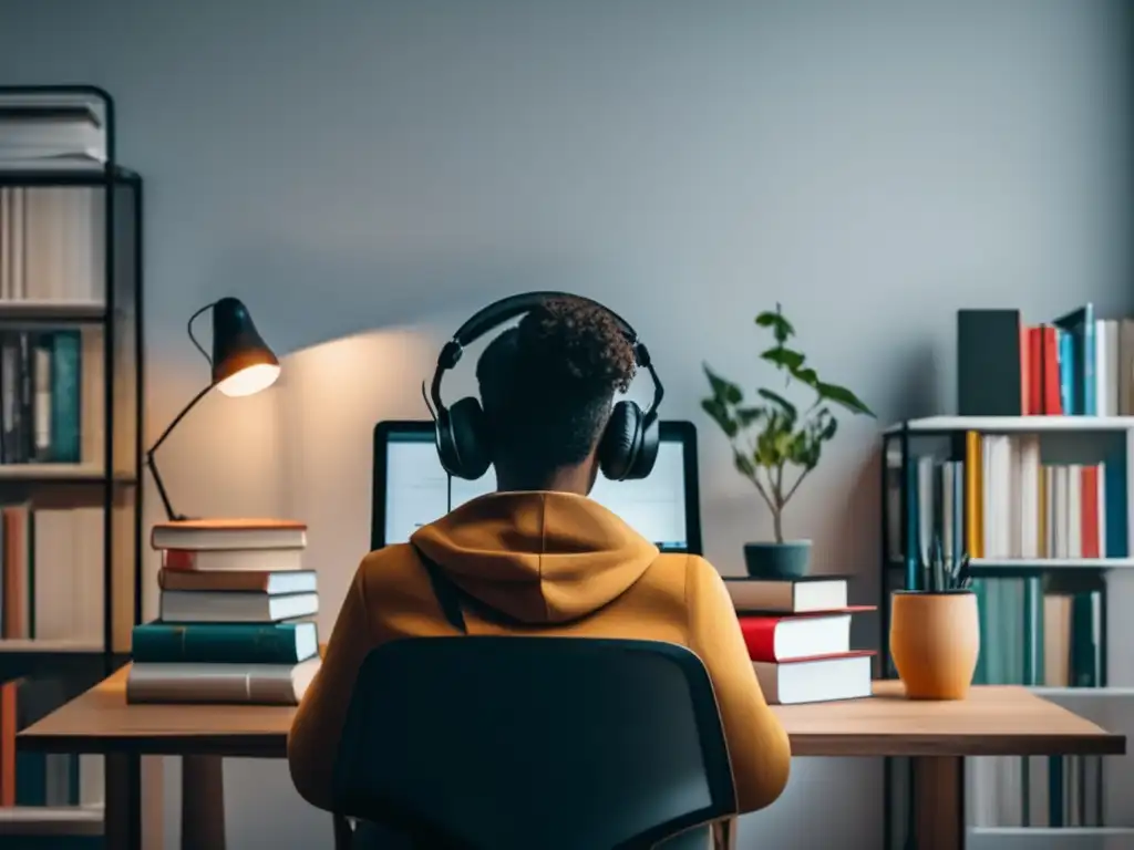 Estudio concentrado para TOEFL y IELTS Estrategias TOEFL e IELTS: Imagen moderna y minimalista de estudio con ventana y foco en persona concentrada