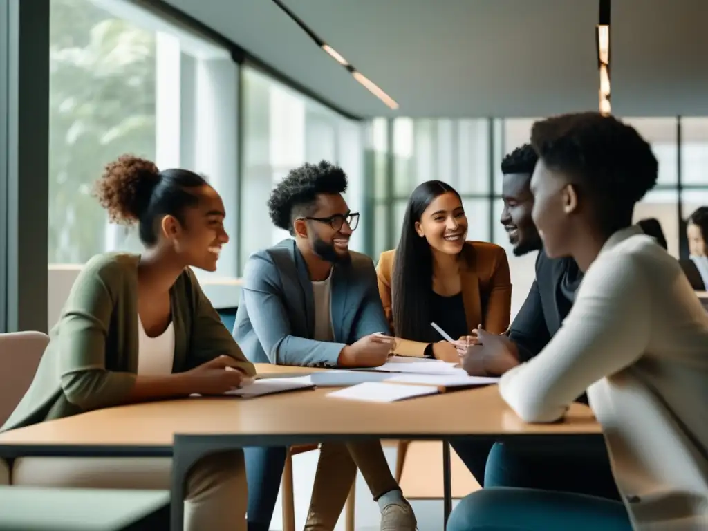 Estudiantes universitarios colaborando Estrategias para destacar liderazgo en trabajos en equipo universitarios