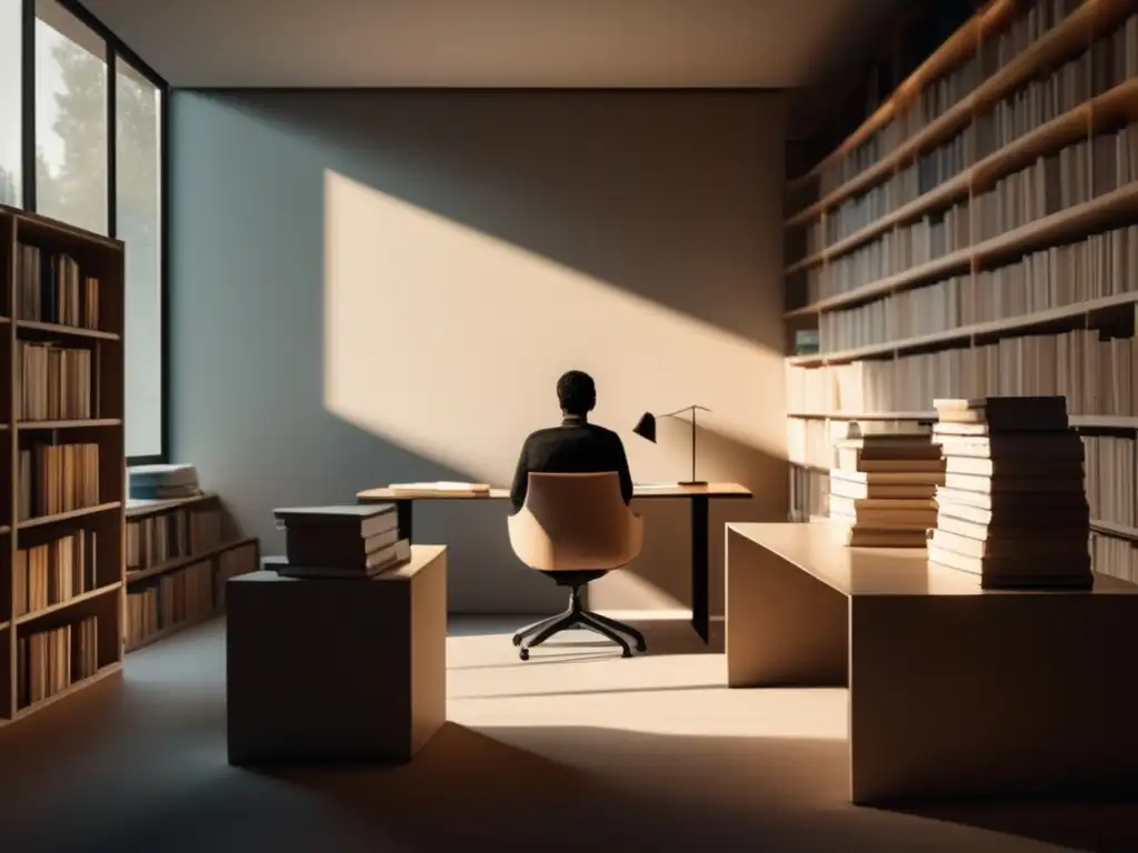 Estudio sereno y concentrado Estrategias mentales para exámenes de admisión, figura solitaria en un escritorio rodeada de libros y materiales de estudio