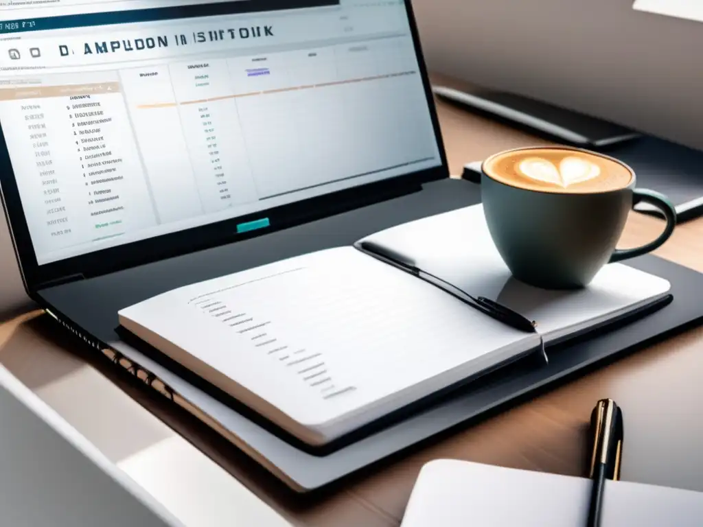 Escritorio minimalista con laptop, notas y café Estrategias para establecer objetivos realistas en admisiones universitarias