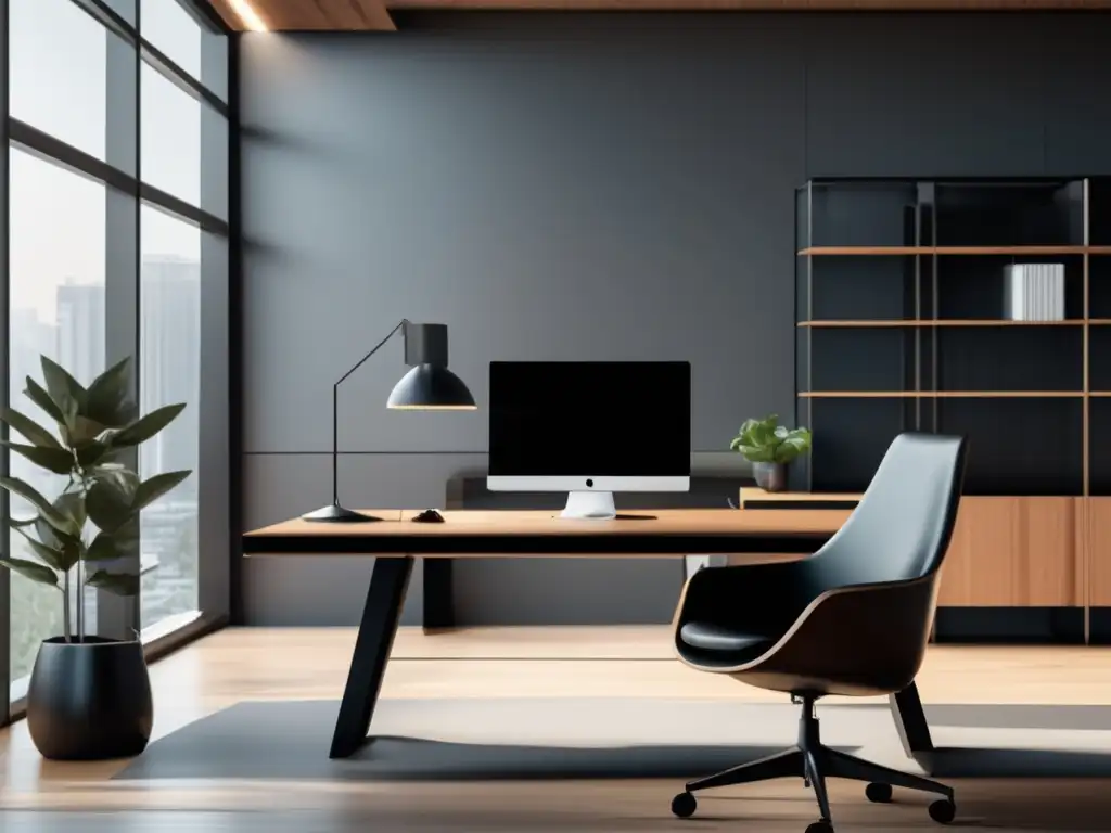 Oficina minimalista con escritorio de madera y computadora Estrategias para preguntas difíciles en entrevistas de admisión en elegante oficina minimalista