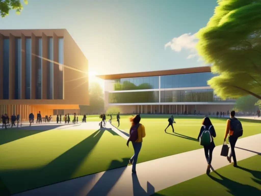 Campus universitario moderno y vibrante Estrategias de redes sociales para admisiones universitarias: Campus universitario moderno con estudiantes, arquitectura moderna y ambiente vibrante
