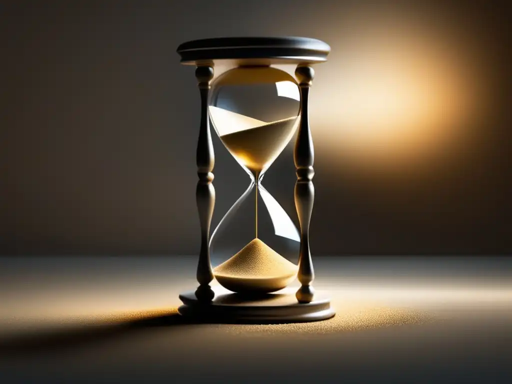Gestión eficiente del tiempo durante los exámenes Estrategias para aprovechar el tiempo durante el examen: imagen de una elegante y minimalista ampolla de arena dorada en un escritorio blanco limpio
