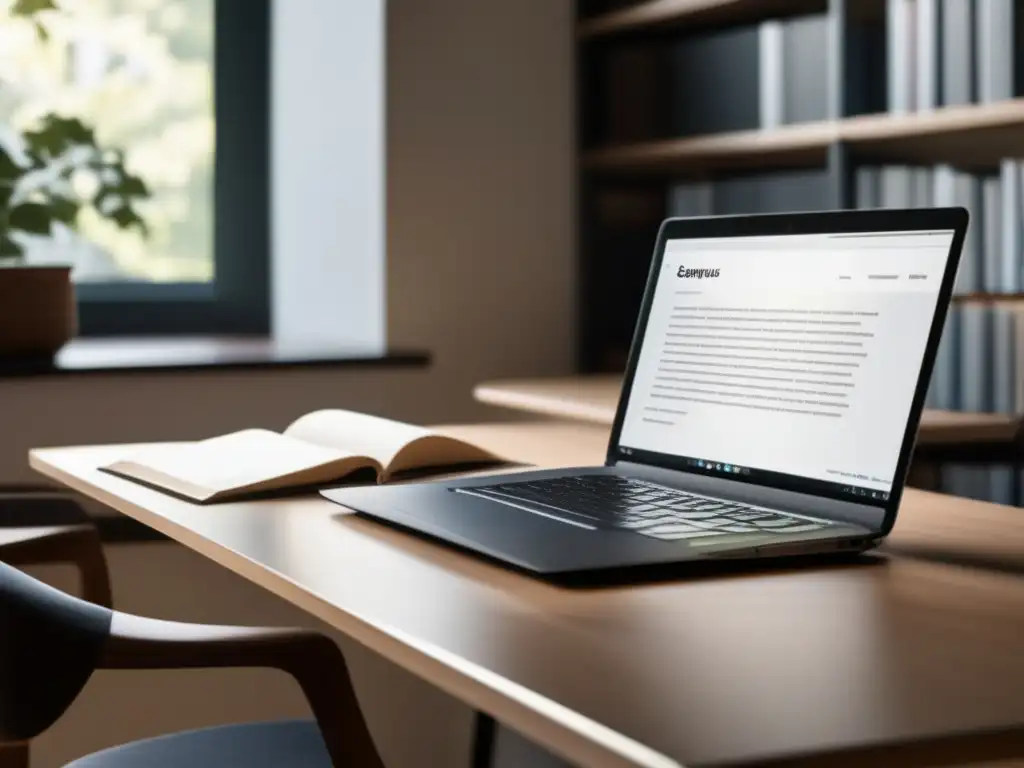 Escritorio minimalista con laptop y ensayos Estrategias de admisión universitaria: escritorio minimalista con laptop, ensayos impactantes, luz natural suave y pantalla universitaria