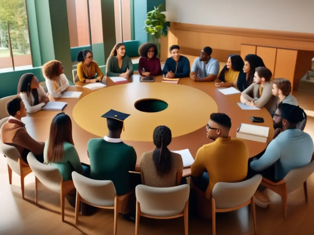 Estudiantes diversos en mesa redonda Estrategias de admisión universitaria inclusiva y diversa en un entorno colaborativo y moderno, reflejando la esencia de la igualdad y la diversidad